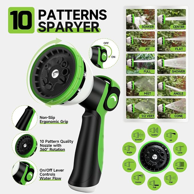 Garden Hose 100 ft Flexible Water Hose Non-Expanding Lightweight Kink-Free Hoses Durable Leak-Proof High Pressure Pipe with 3/4” Brass Fitting 10 Function Nozzle for Outdoor Yard Lawn Car Wash