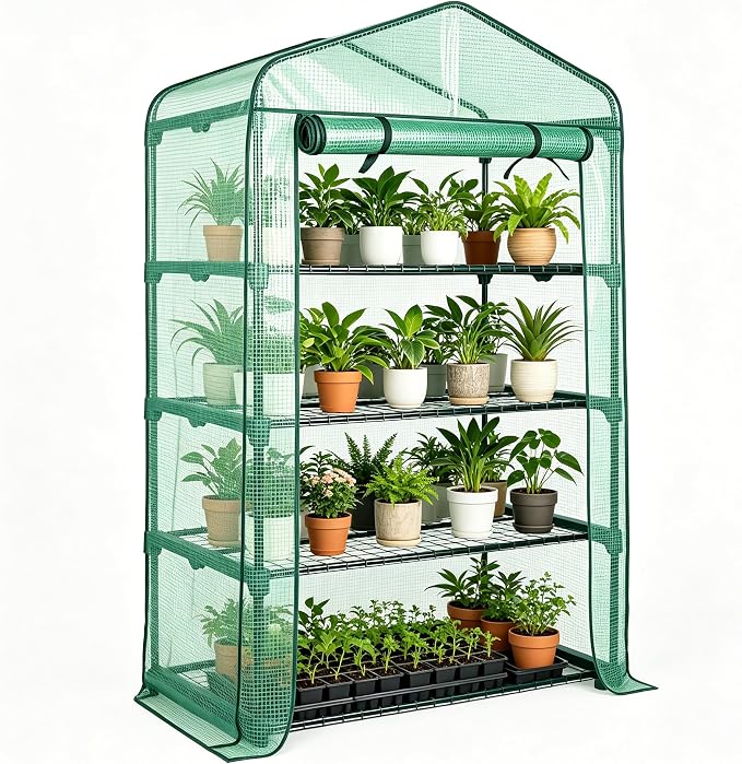 Worth Garden 50% Extra Wide Mini Greenhouse 4 Tier Portable Plant Green House 40in Wide -Sturdy Gardening Shelves with PE Cover & Roll-Up Zipper Door - Indoor & Outdoor Use - 19″W. x 40″L. x63″H.
