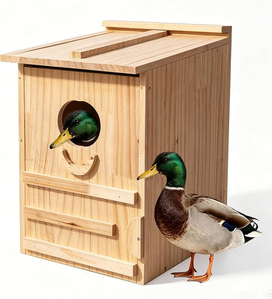 Extra-Large Wood Duck House - Handcrafted Natural Solid Wood Nesting Box for Wood Ducks & Mergansers, Easy Pole Mounting Kit for Pond, Wetland & Backyard