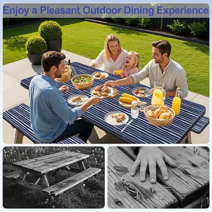 Picnic Table Cover with Bench Covers Camping Essentials Waterproof Windproof Camping Tablecloth with Drawstring Bag, Fitted Rectangle Tables and Seats, 72in, Navy Blue Stripes