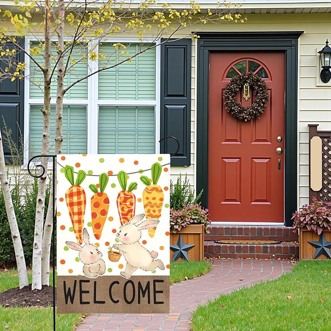Easter Garden Flag 12 x18 Inch Double Sided Welcome Bunny Carrot Spring Yard Flag Outdoor Farmhouse Porch Decor Cute Rabbit Pattern Seasonal Easter Banners for Garden Lawn Patio Yard Home
