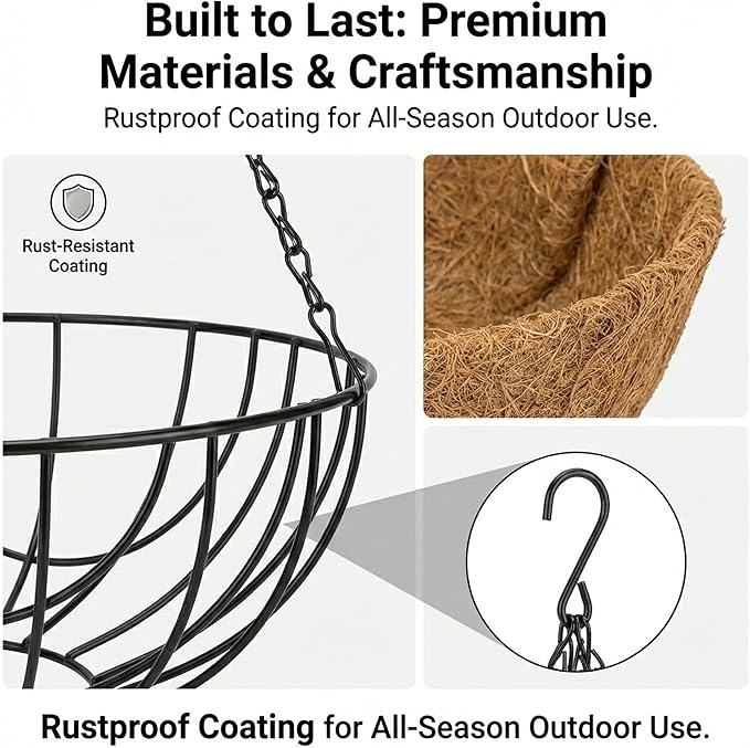 4 Pack 14 Inch Metal Hanging Planter Basket，Natural Round Coconut Hanging Plant Flower Pot，Coconut Coir Planter for Hanging Basket Flowers/Vegetables Home Garden Patio Decoration Earth