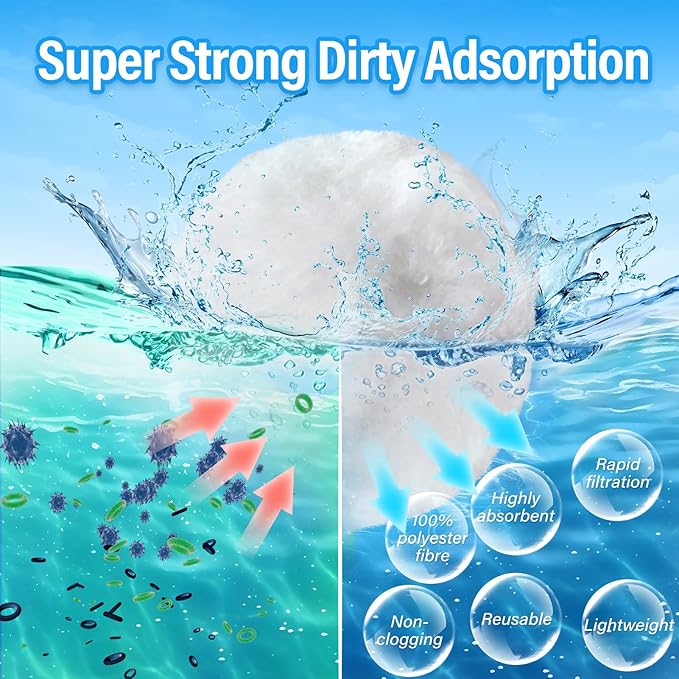 4 lbs Pool Filter Balls for Filter Pump, Upgraded High-Density Reusable Fiber Media Replace 150 lbs Filter Sand, Long-Lasting Filtration for Above Ground Swimming Pool, Aquarium & Pond