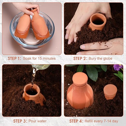 DoubleFill 4 Pcs 10, 16, 24 oz Ollas Terracotta Watering Pots Self Watering Planter Insert Terracotta Globes Clay for Outdoor Indoor Garden Plants, Easy to Refill
