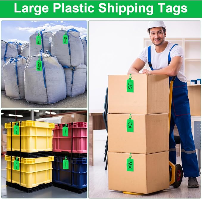 Chunful 500 Pcs Blank Plastic Tags Shipping Tags 3.94"x 2.36" Waterproof Sealing Shipping Labels Bulk Writable Hanging Tag Ties Sealing Strap Reusable Mark Labels for Keys Luggage Logistic (Green)