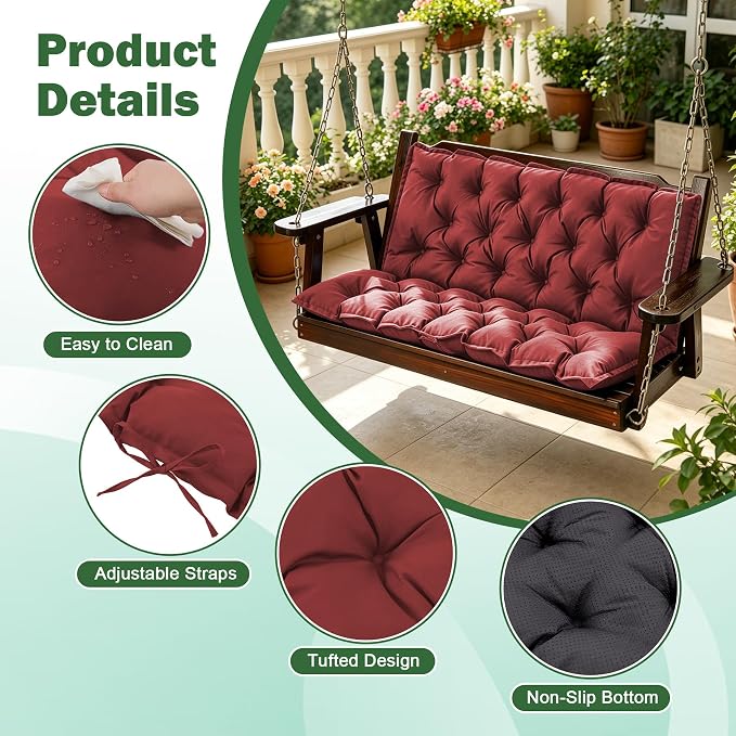 Porch Swing Cushions, 47x40 Inch Swing Cushions for Outdoor Furniture, Waterproof 2-3 Seater Patio Seat Cushion with Backrest, Replacement Bench Cushion for Glider, Settee, Burgundy