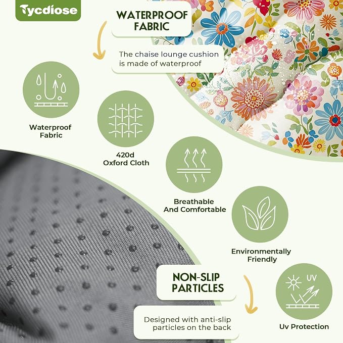 Outdoor Chaise Lounge Chair Cushion Waterproof 74.4 x 22 x 4.7 Inches Memory Foam Lounge Chair Cushions for Outdoor Furniture with Ties, Thickened Pool Lounger Cushion, Colorful Daisy