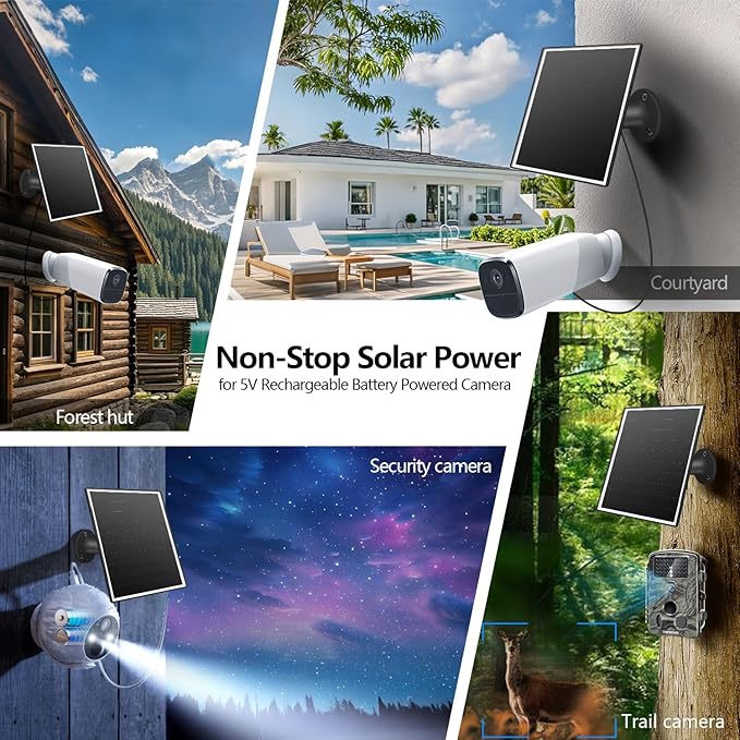 6W Solar Panel Charger for Outdoor Security Cameras. Micro USB/USB - C/DC (35 * 135) Fits Eufy/Wyze/Ring Camera, 9.8ft Cable,Waterproof Stabilization System for Battery Protection Fast Charging
