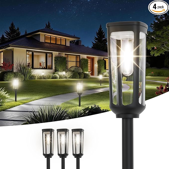 JEJOT Solar Pathway Lights Outdoor Waterproof IP65, 4 Pack Cool White Solar Walkway Lights, Auto On/Off Outdoor Light for Lawn Garden Patio Driveway Decor Landscape Lighting