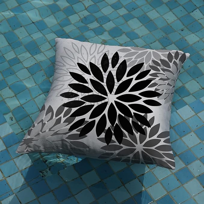 DFXSZ Black Grey Flower Pillow Covers 16x16 Inch Set of 2 White Gray Colored Throw Pillows Outdoor Waterproof Decor for Living Room Sofa Patio Funiture Garden Floral Polyester Pillow Covers 002I16