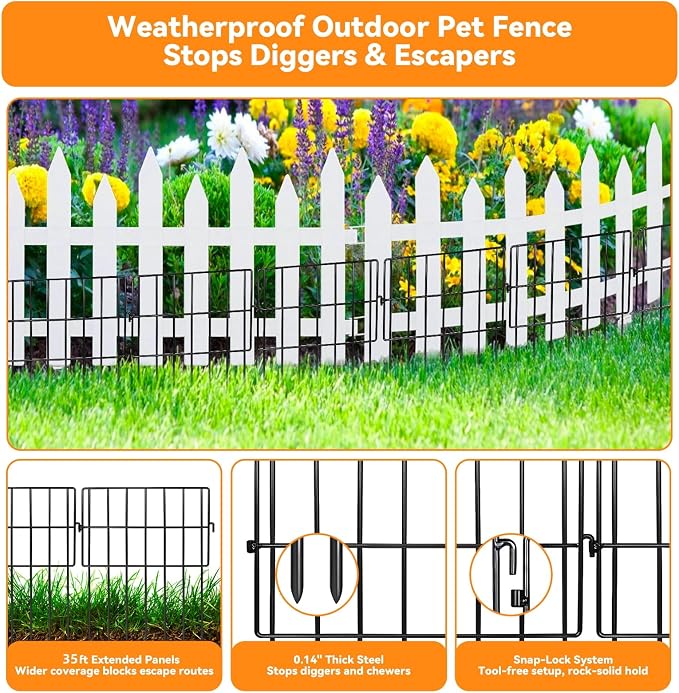 35 Pack Animal Barrier Fence, 35ft(L) x 13in(H) No Dig Fence for Dogs, 1.2in Gaps Anti Digging Fence for Dogs, Rustproof Metal Garden Fence Animal Barrier for Flower Beds & Patio