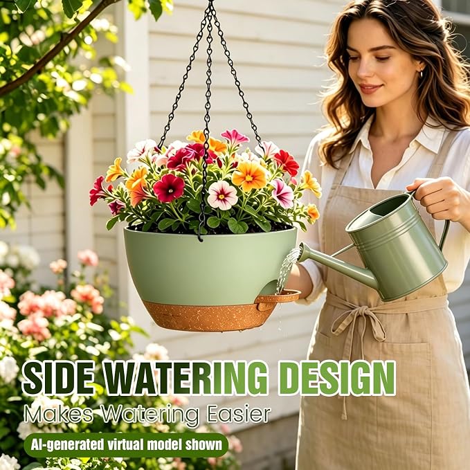 10 Inch Self Watering Hanging Planters, 3 Pack Plastic Plant Pots | Sturdy lightweight pot with side watering lip, drainage holes, snap-on detachable tray & hanging chain for easy care
