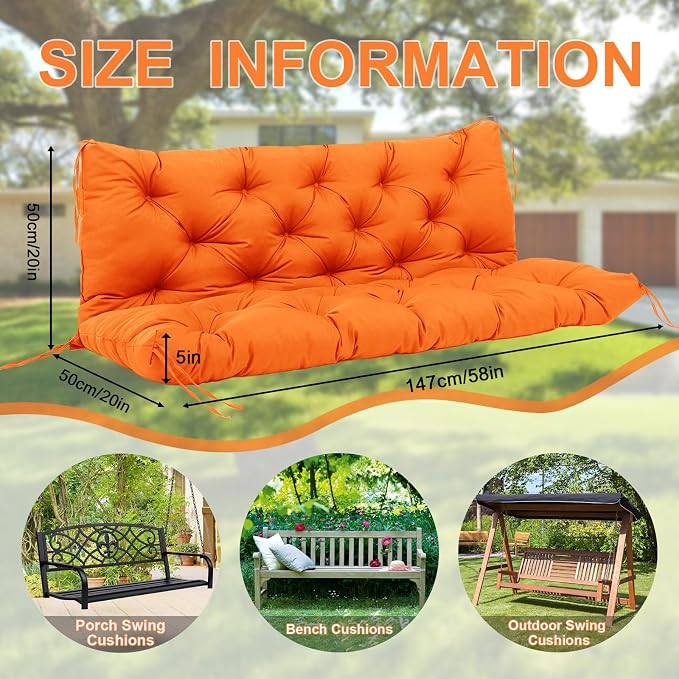 Premium 5" Thick Waterproof Porch Swing Cushions Sturdy Durable 3 Seat Replacement Outdoor Swing Cushions with Backrest&Ties Bench Cushion for Outdoor Furniture Backyard Patio Garden（Orange）