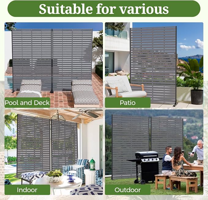 Privacy Screen Outdoor 72" Hx47 W Freestanding Privacy Panel with Stand, HDPE Decorative Privacy Fence with Sandblasting Louver Pattern, Patio Divider Screen, Privacy Screens for Outside