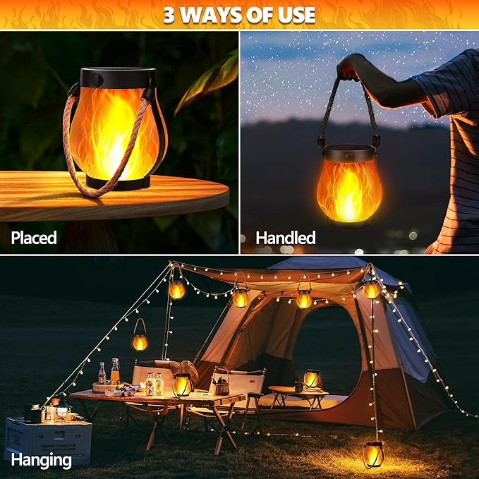Jyoiat Solar Lanterns Outdoor Waterproof - 2 Pack Hanging Solar Flame Lights with Dual Charging Modes of Solar & USB for Garden Yard Patio Decorative (Warm White - 2 Pack)