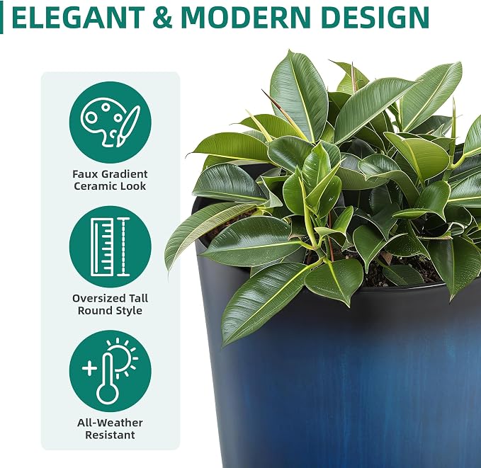 23.75" Round Tall Planters, 2-Pack Large Flower Pots for Indoor Outdoor Plants, UV-Protect PP Container for Garden Patio Yard Balcony Porch or Home Decor, Artistic Floating Cobalt Blue Glaze