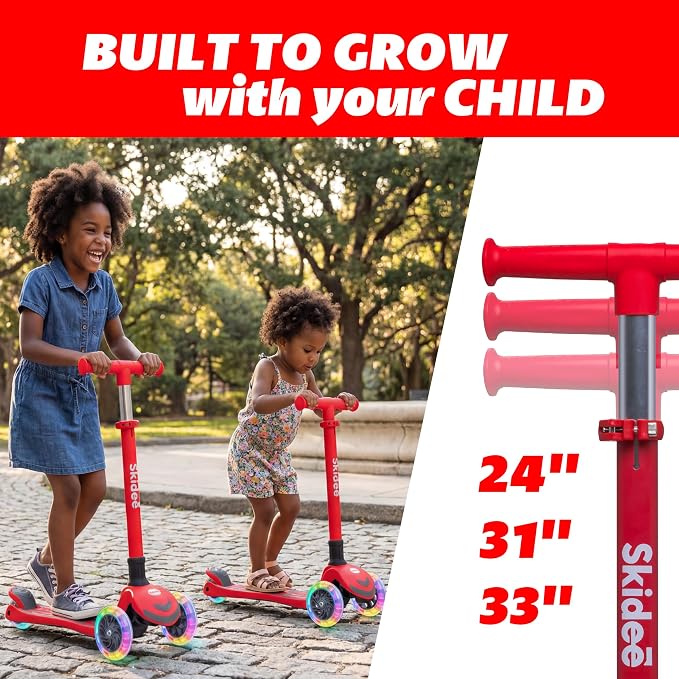SKIDEE Kick Scooter for Kids Ages 3-5 | Foldable 3 Wheel Scooter with Lean-to-Steer, Adjustable Height, Removable Seat & LED Light Wheels | Toddler Scooter Up to 12 Year Old Boys/Girls