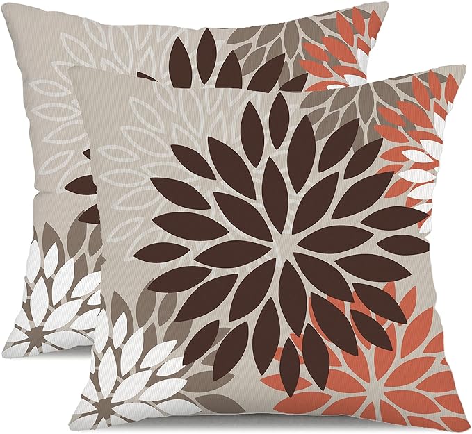 DFXSZ Brown Red Orange Pillow Covers 16x16 Inch Set of 2 Flower Throw Pillows Outdoor Waterproof Decor for Living Room Couch Patio Funiture Garden Modern Floral Polyester Pillow Covers 002A16