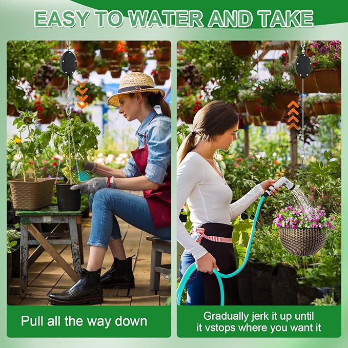 Heavy Duty Retractable Plant Hangers, Adjustable Pull-Down Pulleys with 63" Stainless Steel Rope, Double Hooks for Hanging Plants, Bird Feeders, Planters & Pots, Indoor & Outdoor Use (2Pcs- Black)