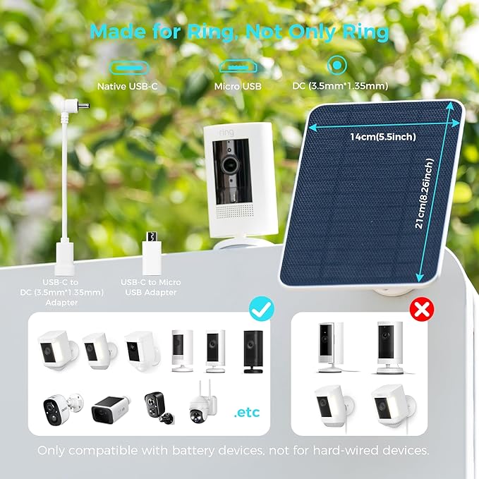 5V Solar Panel for Seucrity Cameres, for Bird Feeder Trail Cam, Ring Tapo Eufy Vicohome Eseecloud, Native USB-C, Micro-USB & DC 3.5mm*1.35mm 9.8 Ft Cable 23% Energy Conversion 180 Days Care Plan