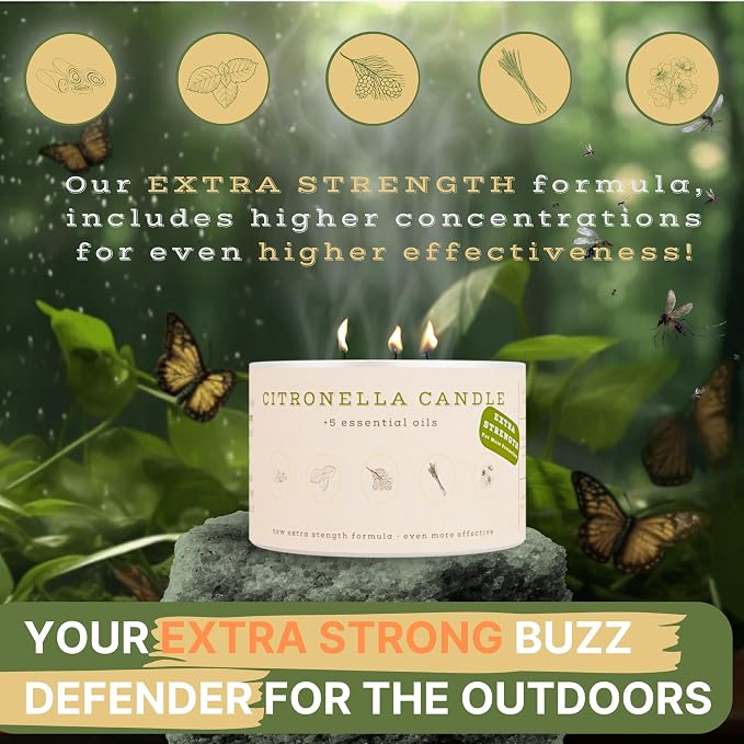 Buzz Defender 14oz Outdoor Citronella Candles | Highly Effective 100% Natural | 64h Burn time | 2X | Large Citronella Candles Outdoor, Ideal for the Backyard Porch, Patio and Camping | Extra Strong