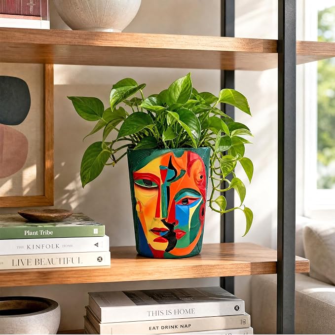 Mrlikale Abstract Face Planter Pots with Drainage Hole for Indoor Plants | 6.6 Inch Hand-Painted Funny Face Flower Pot for Succulents, Shelves, Desks, and Modern Home Decor