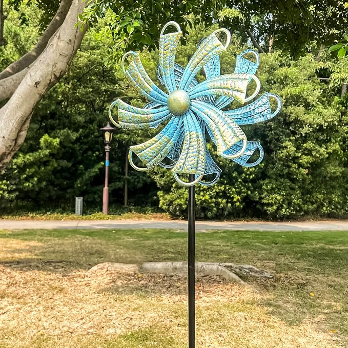 Wind Spinners Outdoor, Bronze Flower Double-Sided 360° Wind Spinner with Stake, Metal Garden Yard Decor (12.3" Dia x 54" H)