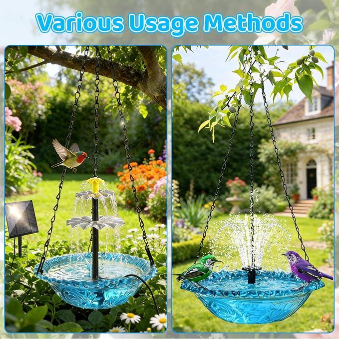 Hanging Solar Bird Bath Fountain, 3 Layers Outdoor Cascading Bird Bath with Solar Pump, 3 Nozzles & Blue Glear Bowl, Attracts Wild Birds for Garden, Backyard, Pergola