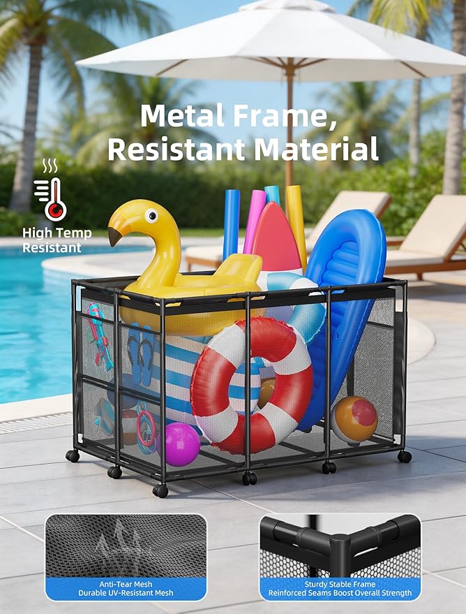 Pool Float Storage - Rolling Mesh Pool Storage Bin for Noodles, Goggles, Floats & Balls, XXL Large Outdoor Pool Toy Organizer with Wheels for Swimming Accessories, Black