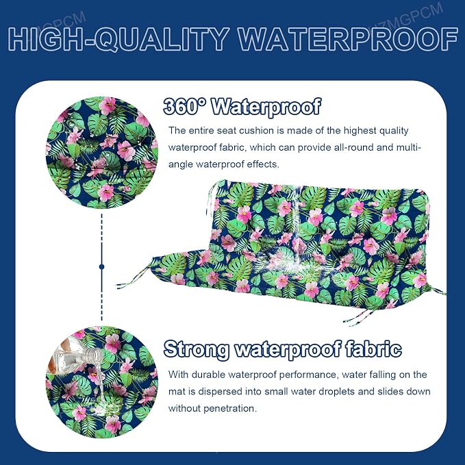 Premium 5" Thick Waterproof Outdoor Swing Cushions Sturdy Durable 2-3 Seat Replacement Porch Swing Cushions with Backrest&Ties Bench Cushion for Outdoor Furniture Backyard Patio (Flower02)
