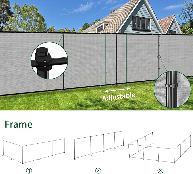 5'Hx111'W Outdoor Freestanding Privacy Screen Fence Panels with Iron Poles, Mesh Shade Net Cover Temporary Fencing for Patio Backyard Garden Deck, Light Gray