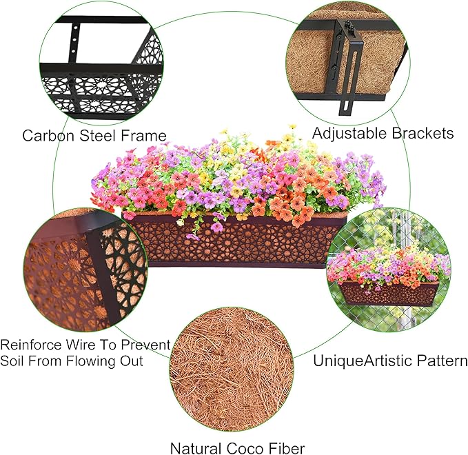 2 PCS 24 Inch Window Deck Box Railing Planter Boxes with Coco Liner,Black Metal Hanging Flower Planter Basket Hanging for Window Sill Balcony Courtyard Garden