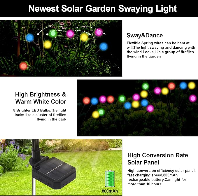 Swaying Solar Lights for Outside, 8 Mode RGB Color Changing Firefly Outdoor Waterproof, Swaying Solar Garden Lights Stakes for Christmas Holiday Yard Patio Garden Decor 6 Pack(Multicolor)