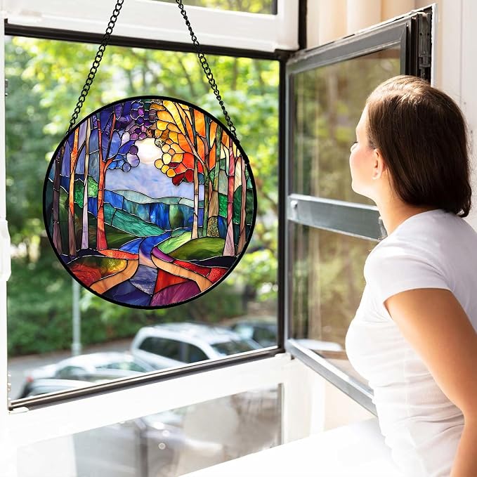 DASTOLL Stained Glass Window Hanging, Colorful Forest Landscape Tree Suncatcher for Doors Window Home Abstract Sun Catchers Decoration Mother's Day Birthday Gifts for Women, Men, and Mom 6.3 in