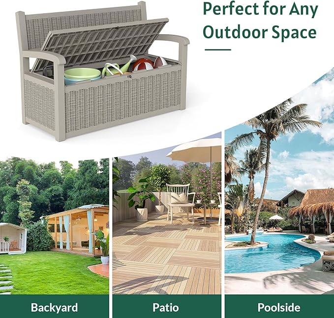 Skepphlay 70 Gallon Storage Bench Deck Box Outdoor, Deck Storage Bench Outside, Lockable Outdoor Benches with Armrest & Back, Deck Boxes Waterproof for Pool Patio Garden (Grey)
