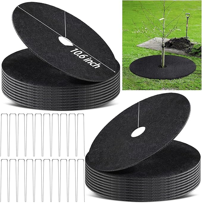 20 Pack Non-Woven Tree Mulch Ring 11 Inch Degradabl Tree Protection Mat Weed Barrier Round Mats with 20 Staples Stakes for Weed Growth RootProtection Resistant and Reusable