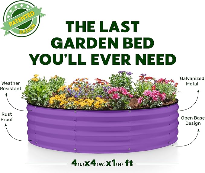 Plant & Plot Round Galvanized Raised Garden Bed // 4×4×1 ft (2-Pack) Galvanized Raised Garden Beds Outdoor for Gardening, Vegetables, Flowers // Patented Tool-Free Design Round Planter (Purple)