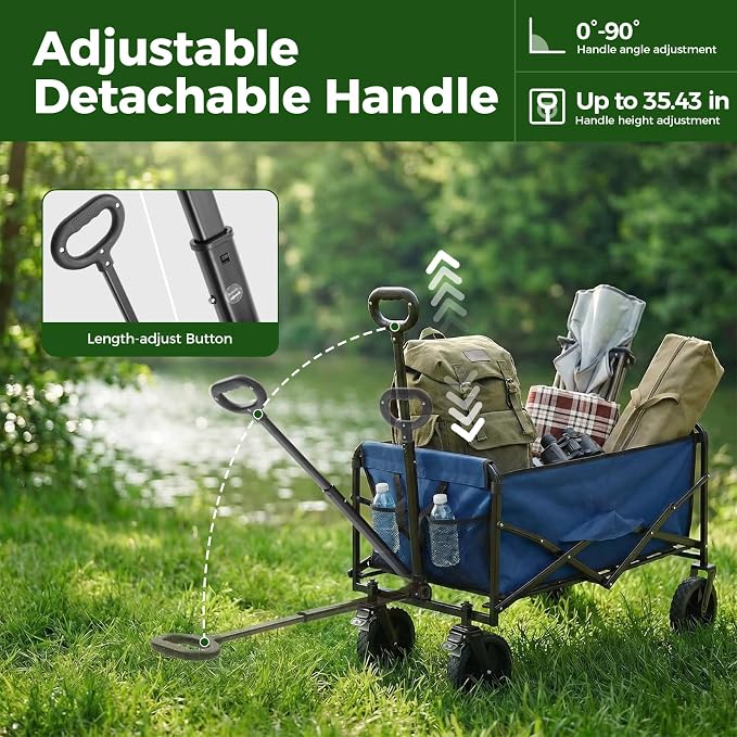 DUMOS Collapsible Wagon Cart, Heavy Duty Foldable Utility Wagon with Lockable Brake Wheels – 330 lbs Capacity, Flexible Handle for Beach, Garden, Sports, Grocery & Camping, Blue