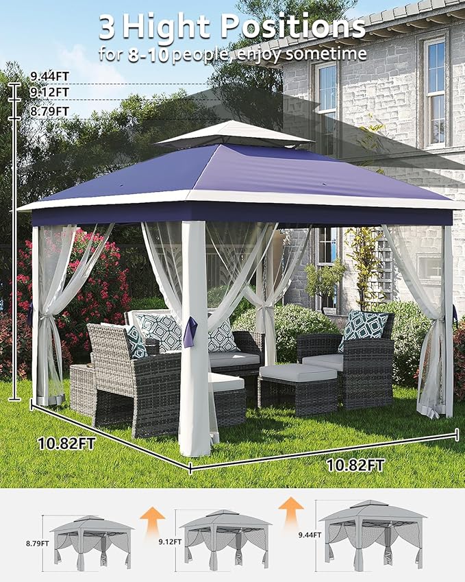Garveelife 11x11 Pop Up Gazebo Tent with Mosquito Netting, Outdoor Canopy Shelter Easy Setup, Water & UV Resistant - Navy
