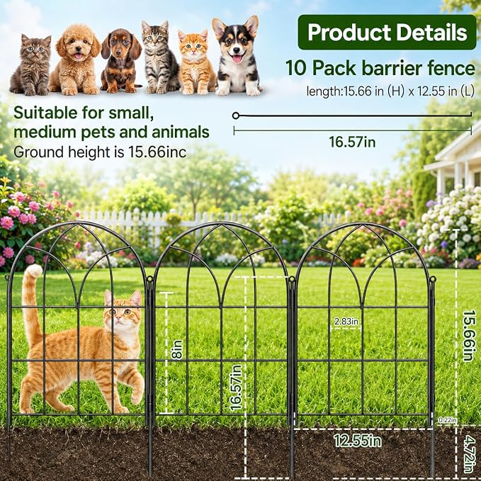 Decorative Garden Fence, 10 Panels, 16.5 in H x 10.5 ft L, No Dig Metal Border Edging for Flower Beds, Yard and Patio, Black Outdoor Barrier for Rabbits and Small Dogs