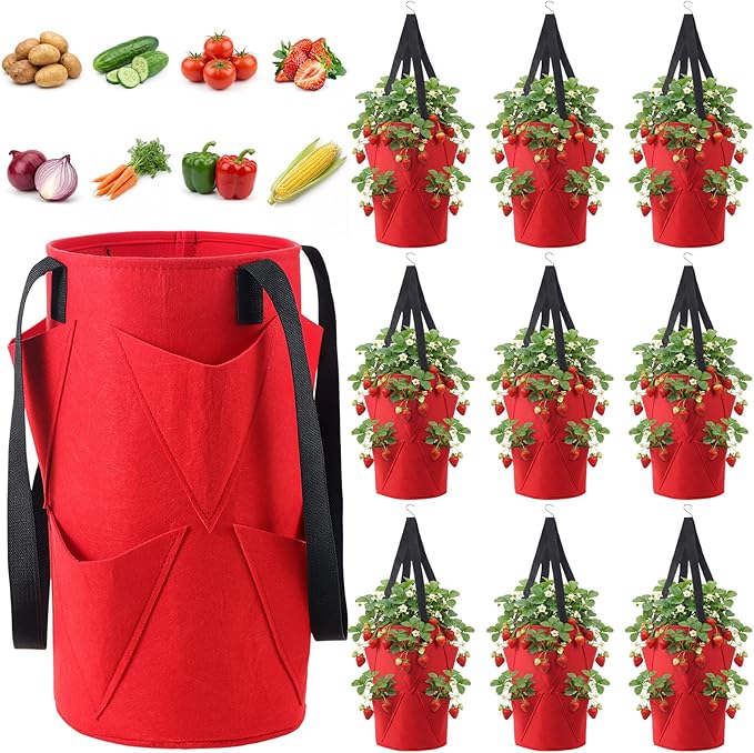 SATINIOR 10 Pack Upside Down Strawberry Planter Set Hanging Vegetables Grow Bags with 10 S Hooks, 3 Gallon Fabric Planting Bags for Easy Vertical Gardening(Red)