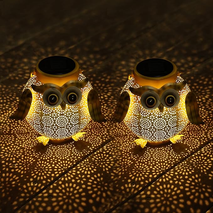 2 Pack Hanging Solar Lanterns - Garden Light Waterproof Metal Decorative Solar Lantern Lights Outdoor for Patio Yard Table Pathway with Owl Pattern
