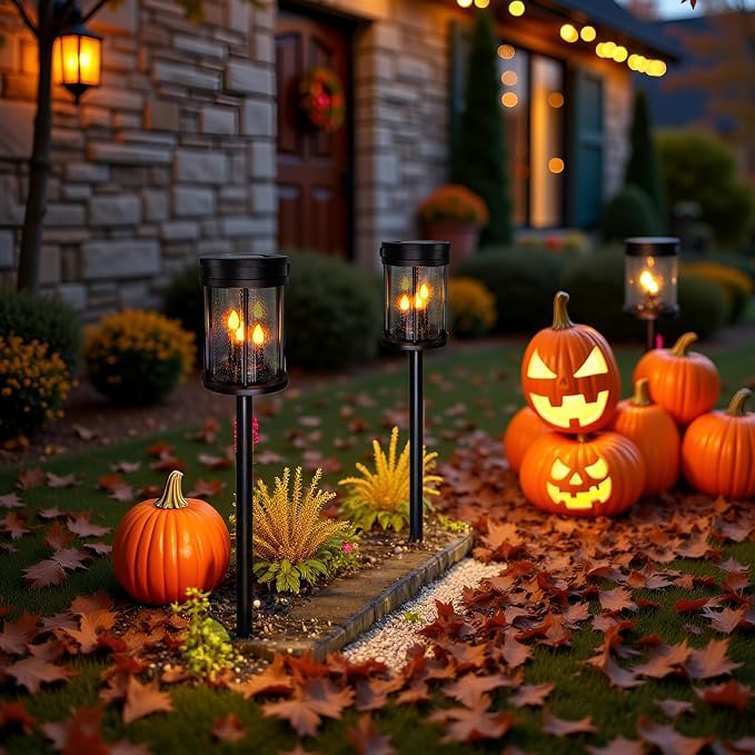 Outdoor Garden Solar Stake Lights Flickering Candle Lantern Lighting for Yard, Lawn, Patio, Pathway, Wall Decoration (2Pack, Black)
