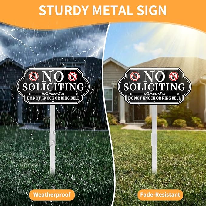No Soliciting Sign for House, No Soliciting Yard Sign for Front Door Home, Aluminum Metal No Solicitation Sign 14 x 7 inches, with 28 inches Stake, Do Not Knock or Ring Bell