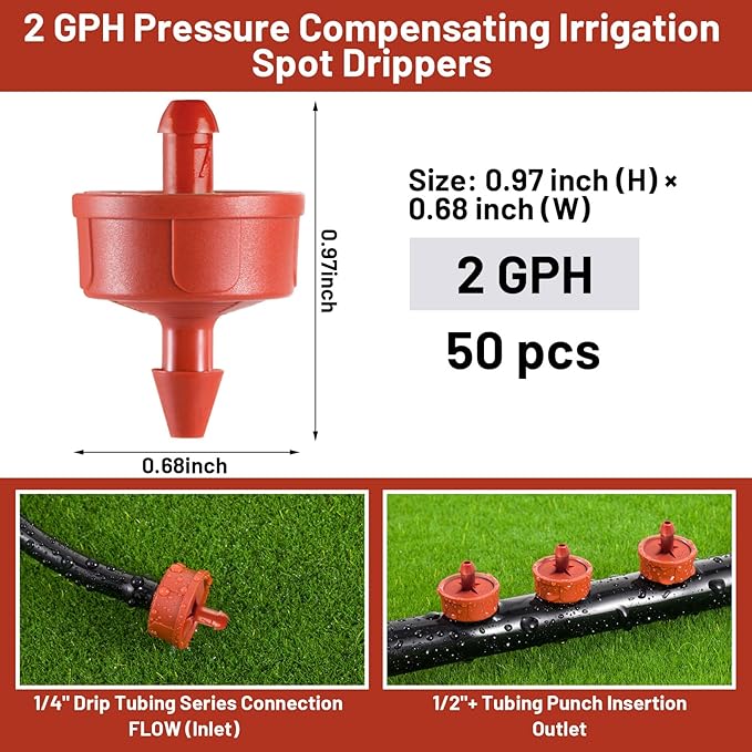50 PCS 2 GPH Pressure Compensating Drip Irrigation Spot Dripper, Strong Flow Drip Irrigation Emitters Heads for Shrubs Small Trees, Irrigation Drippers Parts for Deep Root Outdoor Garden Irrigation