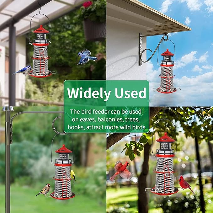 Solar Lighthouse Bird Feeder with Rotating Beacon - 14" Hanging Best Birdfeeder Gifts for Bird Lovers(Apple Red).