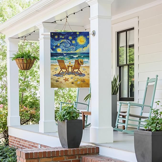 Beach Garden Flag Spring Summer Coastal House Flags Van Gogh Inspired Starry Night Style Ocean Seaside Chairs Yard Banner for Outside Lawn Patio Porch Seasonal Home Double Sided 28 x 40 Inch
