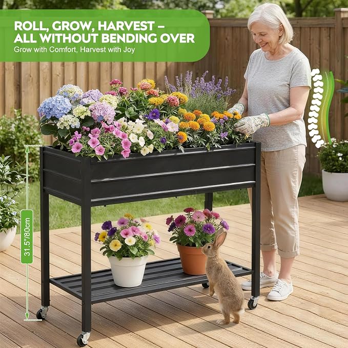 32" Tall Galvanized Raised Garden Bed with Legs Wheels & Shelf, Elevated Planter Box Outdoor for Vegetables, Herbs & Flowers, Patio & Backyard, Garden Bed with 400lb Capacity，Black