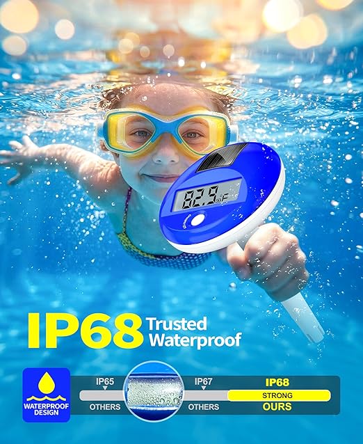 Sinbyuer 2026 Solar Digital Pool Thermometer with Rope | Easy Read Large LCD Display & Big Numbers Floating Pool Thermometer | High Precision & IP68 Waterproof Pools Temperature Gauge for Hot Tub, Spa