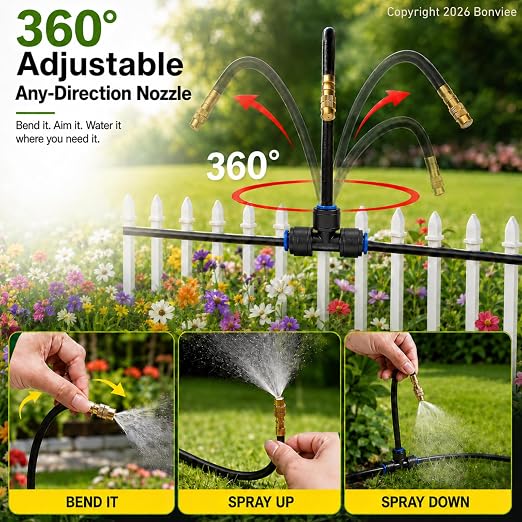 12-Pack 7.8" Drip Irrigation Parts, 360° Adjustable Brass Misting Nozzles with Pneumatic Quick Connect Tee Connectors, Replacement Upgrade Accessories Kit for 1/4" Garden Bed Watering System